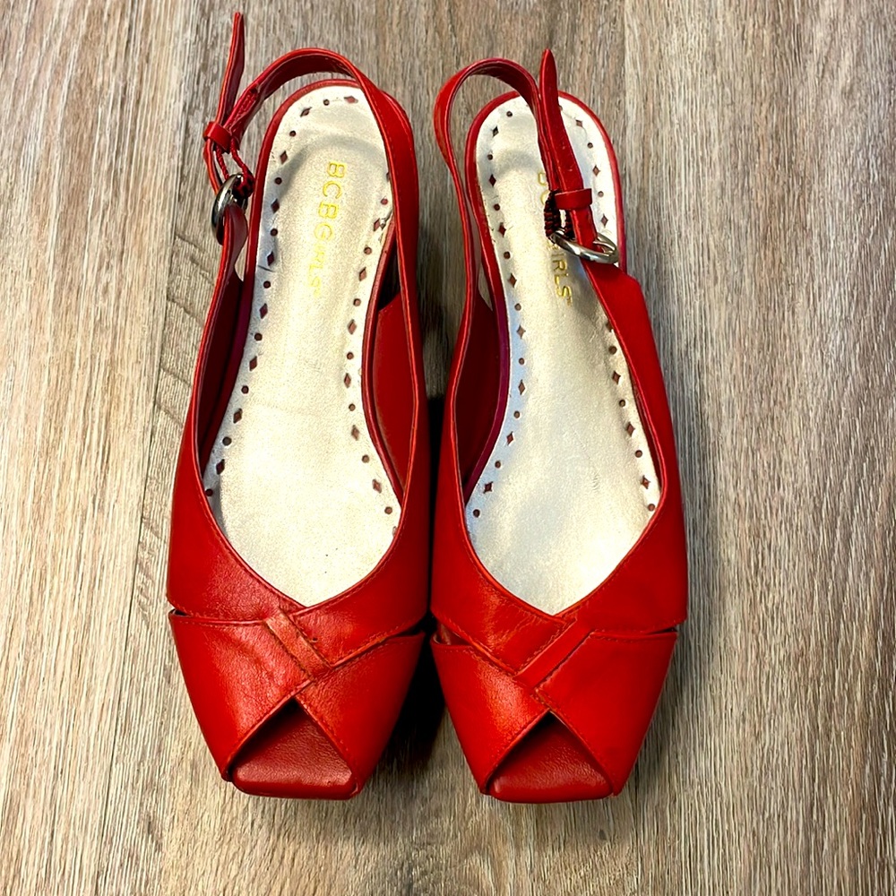 BCBG red wedge heels.